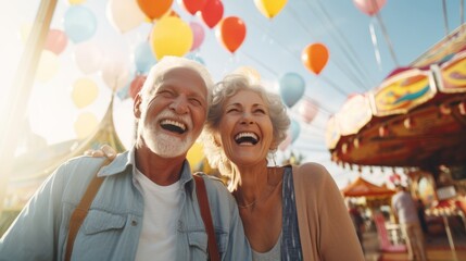 Obraz na płótnie Canvas An older senior couple has fun and joy at an amusement park