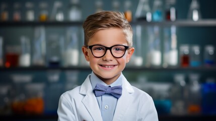 6 year old boy stands as a professor with a bow tie in front of a blackboard with formulas - obrazy, fototapety, plakaty