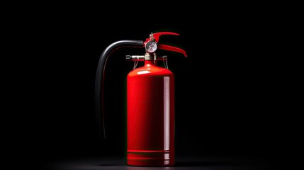 Obraz premium Red fire emergency fire extinguisher on a black background. Concept of safety. Copy space. 