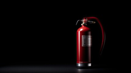 Red fire emergency fire extinguisher on a black background. Concept of safety. Copy space. 
