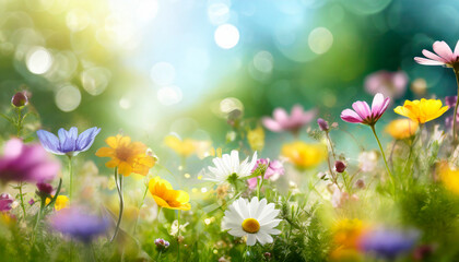 Spring meadow with colorful flowers against sunny blue sky. Nature background.