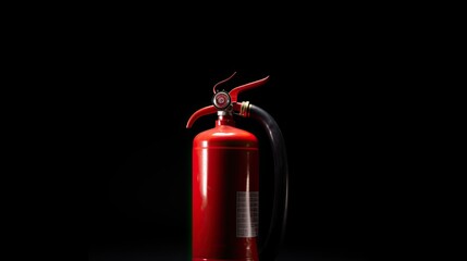 Obraz premium Red fire emergency fire extinguisher on a black background. Concept of safety. Copy space. 