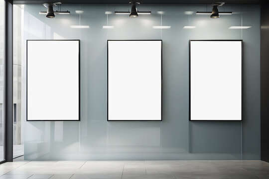 Vertical blank posters on a glass wall design.