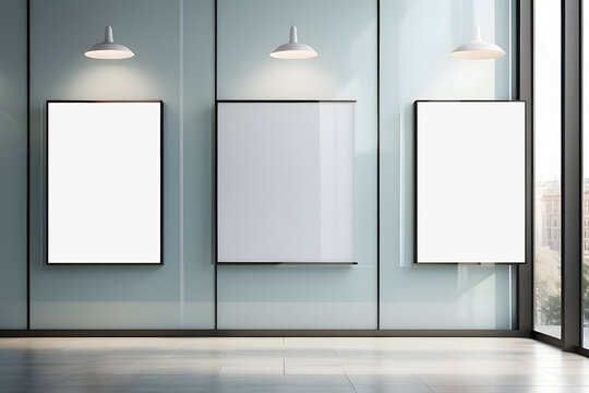 Vertical blank posters on a glass wall design.