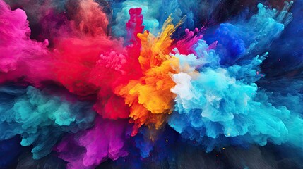 Fototapeta na wymiar Splash of color paint, explosion of colorful powder, abstract colorful background. Pattern of bright festive burst like in Holi festival. Concept of watercolor, explode, art