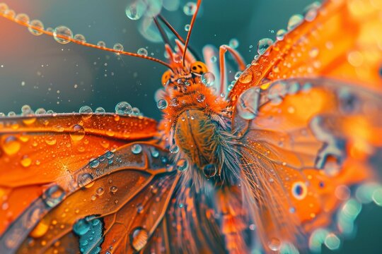 Picture a photorealistic close-up of a stunning orange butterfly with intricate wing patterns. Dew glistens on its delicate wings