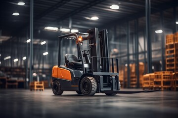 A forklift loader is parked inside a warehouse