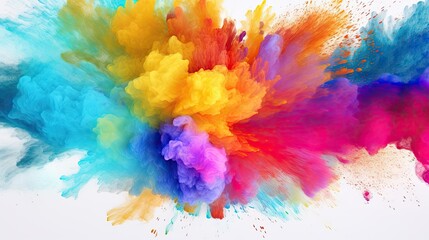 Splash of color paint, explosion of colorful powder, abstract colorful background. Pattern of bright festive burst like in Holi festival. Concept of watercolor, explode, art - obrazy, fototapety, plakaty