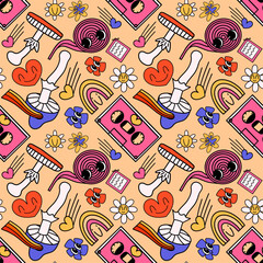 Fototapeta premium Cartoon funny retro seamless patter. Vector illustration