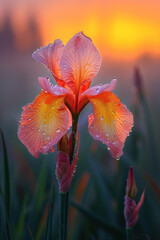 Colorful iris flower in the mist and fog, vertical background