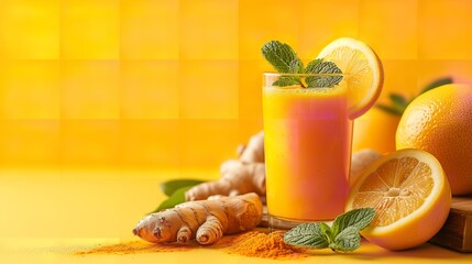 Shot juice of ginger, lemon, and turmeric with pieces on a lively yellow setting and space, Generative AI. - obrazy, fototapety, plakaty