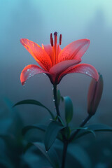Red lily flower blossom in the mist and fog, vertical background