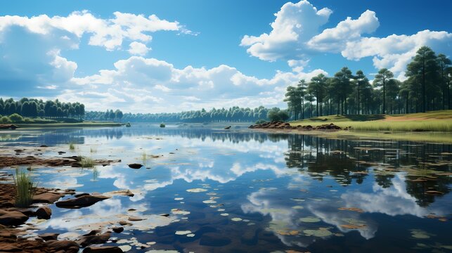 A tranquil lake reflecting a clear blue sky dotted with fluffy white clouds