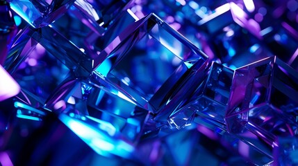 3d geometric pattern with blue and purple glass cubes, in the style of photogram, dark reflections, close-up shots, elongated shapes