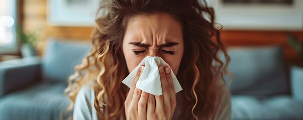 Young woman at home sneezing and clearing her nose with tissue. Concept Sneezing at Home, Allergies, Nasal Congestion, Tissue Usage, Self-care - obrazy, fototapety, plakaty