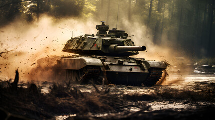 Armored military army tank vehicle moving in motion on mud road in battle