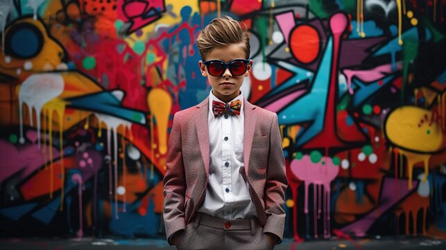 A stylishly dressed young boy standing in front of a colorful graffiti-adorned wall