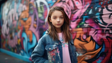 Obraz premium A stylishly dressed young girl standing in front of a colorful graffiti-adorned wall