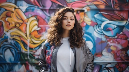 Fototapeta premium A stylishly dressed young woman standing in front of a colorful graffiti-adorned wall