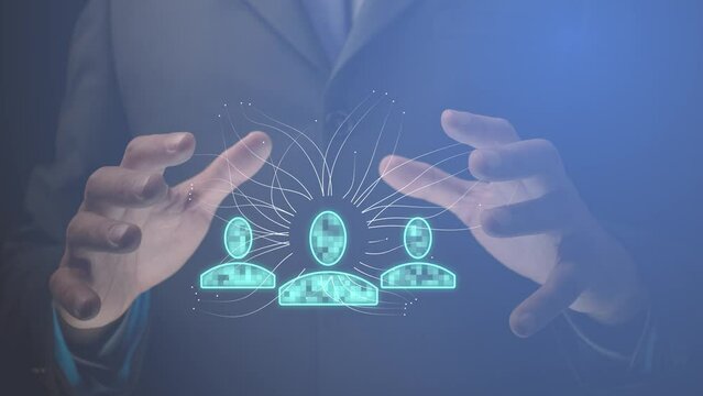 Cg footage. A businessman holds back a symbol of group of people from whom the waves diverge. The concept of deterrence and development