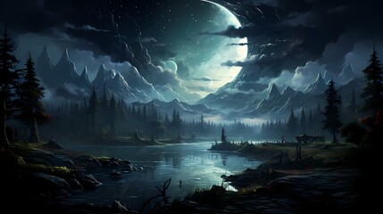 A tranquil obsidian black lake shimmering under the moonlight, with the night sky adorned with a tapestry of twinkling stars