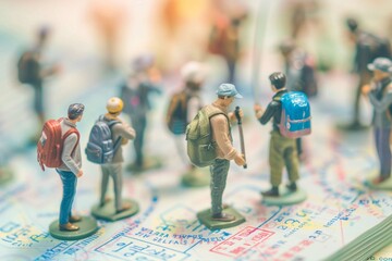Travel Concept. Group of miniature with backpack walking and standing on passport with immigration stamps.