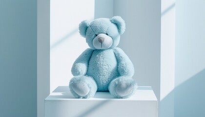 blue teddy bear sitting elegantly on a white pedestal, radiating charm and simplicity in a minimalist setting