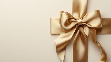 Sophisticated ribbon and bow in gold over a white setting and a big copy space, Generative AI.