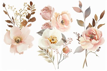 Vector illustration. Vintage watercolor flowers for decorating wedding cards. Watercolor of a minimalist floral in blush pink and romantic tones. On white background