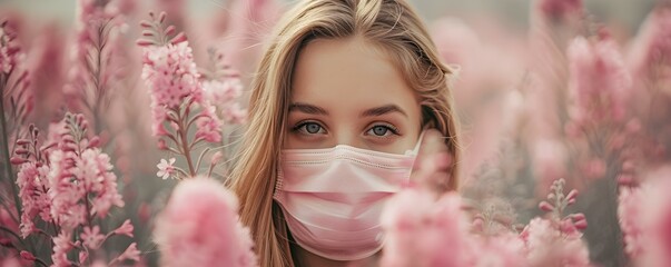 Asthma and Allergies: Symbolism of a Girl Wearing an Antigas Mask in a Pink Flower Field. Concept Allergic Reactions, Respiratory Health, Environmental Hazards, Protective Measures, Nature Encounters
