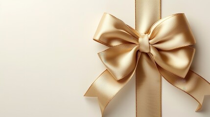 Sophisticated ribbon and bow in gold over a white setting and a big copy space, Generative AI.