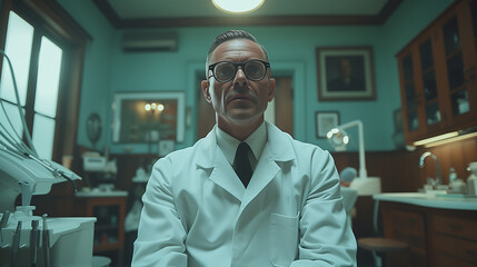 Dentist in dramatic scene with patient in glasses