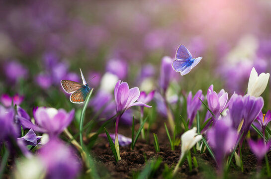 natural view with many flowers, snowdrops, crocuses and blue butterflies fluttering above them