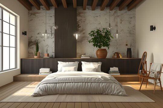 3D rendering of modern villa bedroom with concrete walls and tidy bed
