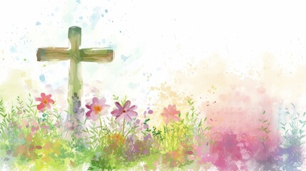 Easter Watercolor Christian Cross with Vignette and Banner Generative AI