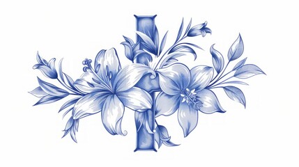 Blue Flowers and Leaves Adorning Easter Catholic Religious Christian Cross Generative AI
