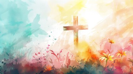Easter Worship: Joyful Christian Praising with Cross in Watercolor Generative AI - obrazy, fototapety, plakaty