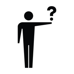 Person with question mark icon, male vector sign for faq, help, ask and customer service symbol pictogram human illustration