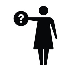 Person with question mark icon, female vector sign for faq, help, ask and customer service symbol pictogram human illustration