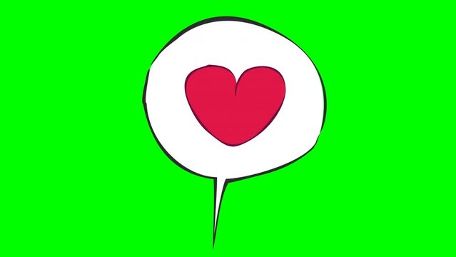 Appearance of a comic bubble with a red beating heart on a green background, transparent background, with alpha channel and mask