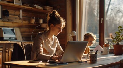 A business woman and a mother are trying to work on a laptop when her little daughters are playing, fooling around and interfering with her. Freelance, work from home