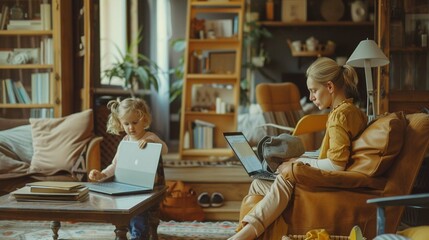 A business woman and a mother are trying to work on a laptop when her little daughters are playing, fooling around and interfering with her. Freelance, work from home - obrazy, fototapety, plakaty