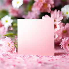 Blank white square greeting card mockup, with pink flowers.