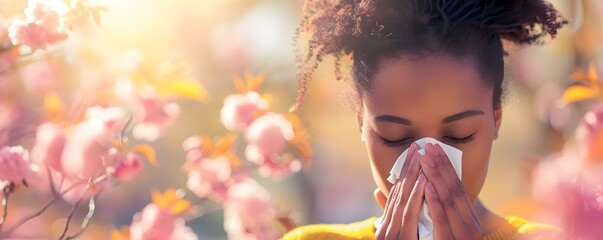 African woman outdoors in spring using a handkerchief due to allergies. Concept Spring Allergies, African Woman, Outdoor Photoshoot, Handkerchief, Spring Season - obrazy, fototapety, plakaty