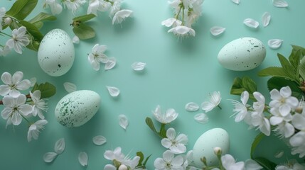 Spring Elegance: A Vibrant Green Floral Composition with White-Outlined Eggs Generative AI