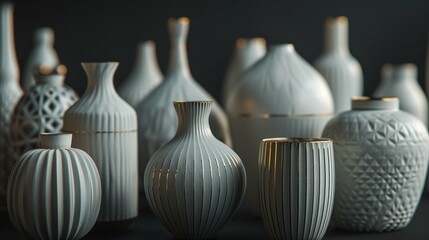A collection of white and gold ceramic vases in various shapes and sizes, placed on a black background. The lighting is soft and moody, creating an air of elegance and sophistication - obrazy, fototapety, plakaty
