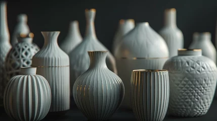 Fotobehang A collection of white and gold ceramic vases in various shapes and sizes, placed on a black background. The lighting is soft and moody, creating an air of elegance and sophistication © Khalif