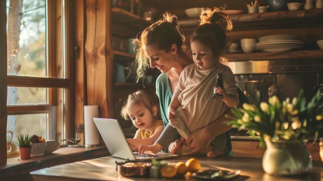 A Business Woman And A Mother Are Trying To Work On A Laptop When Her Little Daughters Are Playing, Fooling Around And Interfering With Her. Freelance, Work From Home