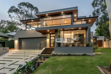 Fototapeta na wymiar A contemporary house with sleek lines and minimalist design, featuring large windows that provide ample natural light. The exterior is painted in a cool grey with accents of white
