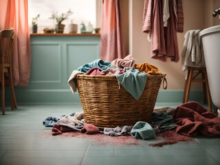 Basket with dirty laundry on the floor in the bathroom design. - obrazy, fototapety, plakaty
